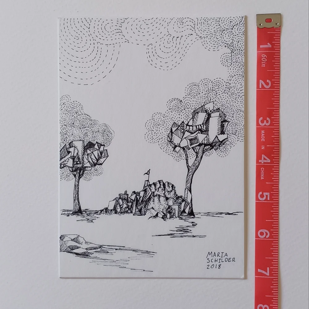 ORIGINAL ART Abstract Tree and Mountain Outpost ink drawing 5